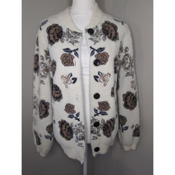 Cyrus Sweaters - Cyrus cozy warm neutral floral button cardigan med